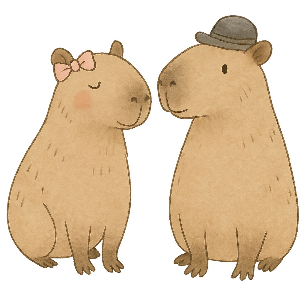 Two cute capybaras, Nora and Bento, standing side by side